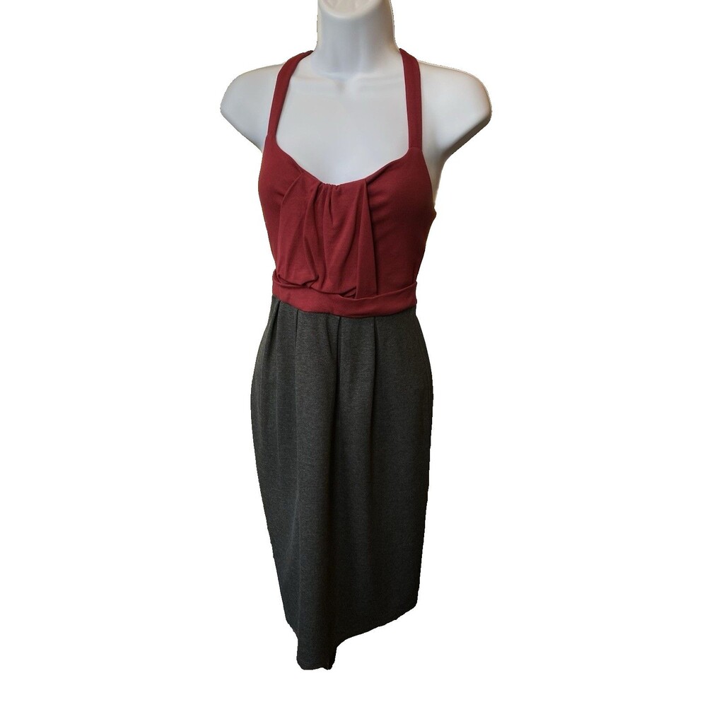 Ella Moss Dress Size Medium Burgundy & Gray Colorblock Front Twist Ruffle Detail - Picture 2 of 13